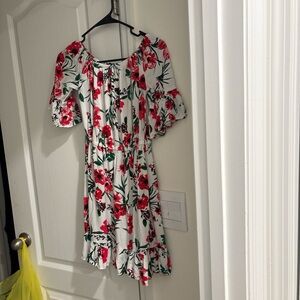 White summer dress with flowers can be one off the shoulders or on the shoulders